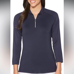NWT Callaway UPF 50 Quarter Zip 3/4 sleeve NAVY shadow stripe top US XL Opti-Dry